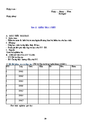 Giáo án Công nghệ Khối 10 - Tiết 12: Kiểm tra 1 tiết