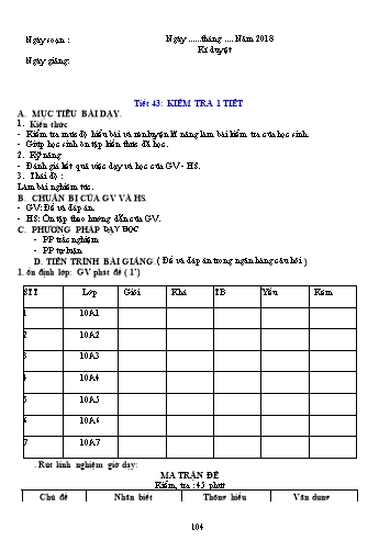 Giáo án Công nghệ Khối 10 - Tiết 43: Kiểm tra 1 tiết