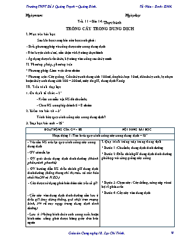 Giáo án Công nghệ Lớp 10 - Tiết 11, Bài 14: Thực hành trồng cây trong dung dịch - Trường THPT Số 3 Quảng Trạch