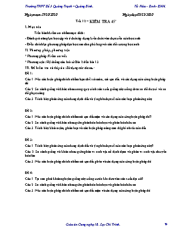 Giáo án Công nghệ Lớp 10 - Tiết 12: Kiểm tra 45' - Trường THPT Số 3 Quảng Trạch