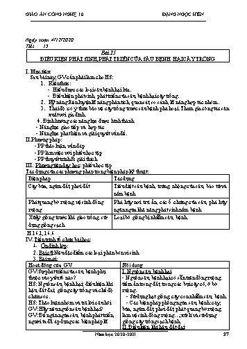 Giáo án Công nghệ Lớp 10 - Tiết 15, Bài 15: Điều kiện phát sinh,phát triển của sâu bệnh hại cây trồng - Năm học 2020-2021- Đặng Ngọc Hiến