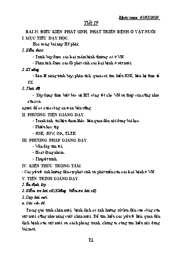 Giáo án Công nghệ Lớp 10 - Tiết 19, Bài 35: Điều kiện phát sinh, phát triển bệnh ở vật nuôi - Năm học 2019-2020