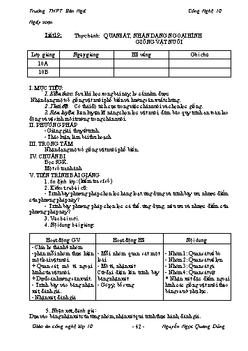 Giáo án Công nghệ Lớp 10 - Tiết 19: Thực hành quan sát, nhận dạng ngoại hình giống vật nuôi - Trường THPT Bản Ngà