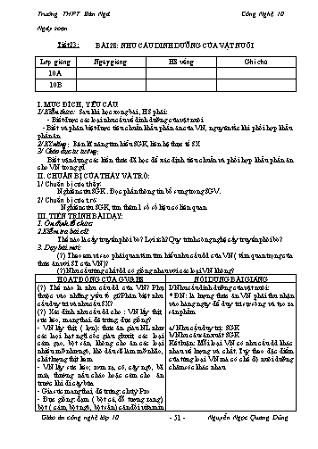 Giáo án Công nghệ Lớp 10 - Tiết 23, Bài 28: Nhu cầu dinh dưỡng của vật nuôi - Trường THPT Bản Ngà