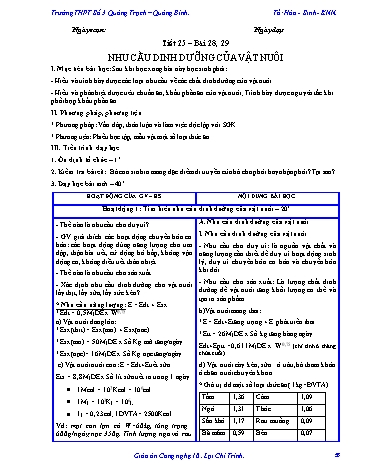 Giáo án Công nghệ Lớp 10 - Tiết 25, Bài 28+29: Nhu cầu dinh dưỡng của vật nuôi - Trường THPT Số 3 Quảng Trạch