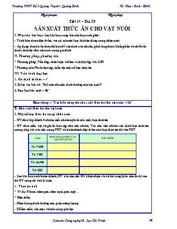 Giáo án Công nghệ Lớp 10 - Tiết 26, Bài 29: Sản xuất thức ăn cho vật nuôi - Trường THPT Số 3 Quảng Trạch