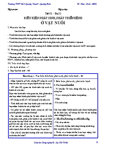 Giáo án Công nghệ Lớp 10 - Tiết 31, Bài 35: Điều kiện phát sinh, phát triển bệnh ở vật nuôi - Trường THPT Số 3 Quảng Trạch