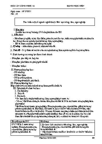 Giáo án Công nghệ Lớp 10 - Tiết 33: Tìm hiểu một số ngành nghề thuộc lĩnh vực nông, lâm, ngư nghiệp - Năm học 2020-2021- Đặng Ngọc Hiến