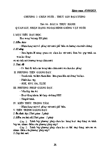 Giáo án Công nghệ Lớp 10 - Tiết 4, Bài 24: Thực hành quan sát, nhận dạng ngoại hình giống vật nuôi - Năm học 2019-2020