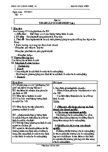 Giáo án Công nghệ Lớp 10 - Tiết 41, Bài 54: Thành lập doanh nghiệp - Năm học 2020-2021- Đặng Ngọc Hiến