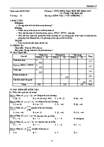 Giáo án Giải tích Lớp 12 - Chương I: Ứng dụng đạo hàm để khảo sát và vẽ đồ thị của hàm số - Tiết 22, Bài: Bài kiểm tra 1 tiết chương I