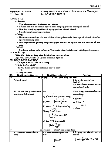 Giáo án Giải tích Lớp 12 - Chương III: Nguyên hàm-Tích phân và ứng dụng - Tiết 43, Bài 1: Nguyên hàm (Tiếp theo)