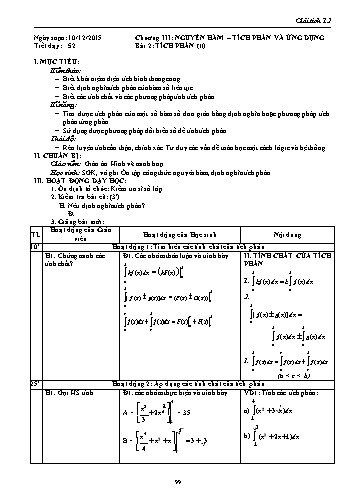 Giáo án Giải tích Lớp 12 - Chương III: Nguyên hàm-Tích phân và ứng dụng - Tiết 52, Bài 2: Tích phân (Tiếp theo)