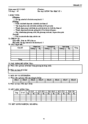 Giáo án Giải tích Lớp 12 - Tiết 47, Bài: Kiểm tra học kì 1