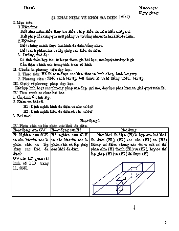 Giáo án Hình học Lớp 12 - Chương I: Khối đa diện - Tiết 3, Bài 1: Khái niêm về khối đa diện (Tiết 3)