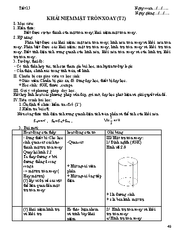 Giáo án Hình học Lớp 12 - Chương II: Mặt nón, mặt trụ, mặt cầu - Tiết 15, Bài 1: Khái niệm về mặt tròn xoay (Tiết 3)