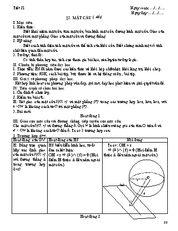 Giáo án Hình học Lớp 12 - Chương II: Mặt nón, mặt trụ, mặt cầu - Tiết 21, Bài 2: Mặt cầu (Tiết 3)