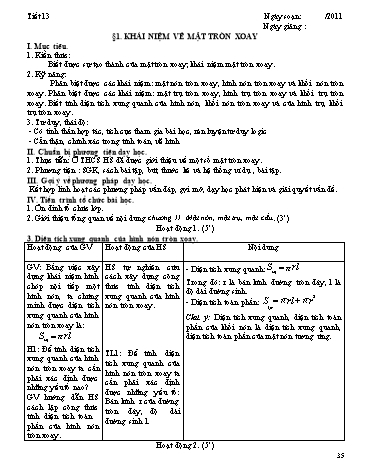 Giáo án Hình học Lớp 12 - Chương II: Mặt nón, mặt trụ, mặt cầu - Tiết 13, Bài 1: Khái niệm về mặt tròn xoay (Tiết 2)