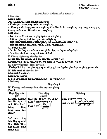 Giáo án Hình học Lớp 12 - Chương III: Phương pháp tọa độ trong không gian - Tiết 32, Bài 2: Phương trình mặt phẳng (Tiết 4)