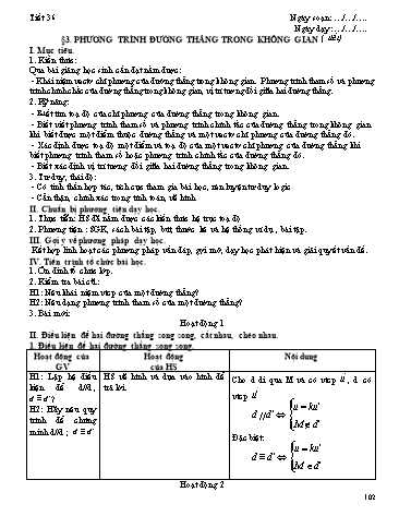 Giáo án Hình học Lớp 12 - Chương III: Phương pháp tọa độ trong không gian - Tiết 36, Bài 3: Phương trình đường thẳng trong không gian (Tiết 2)