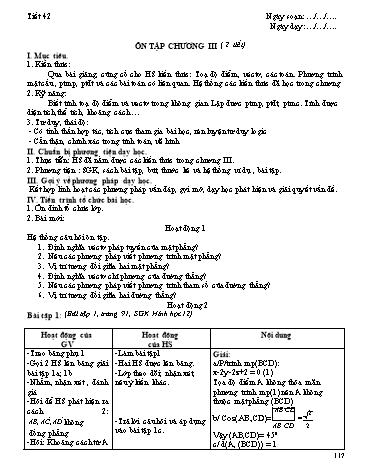 Giáo án Hình học Lớp 12 - Chương III: Phương pháp tọa độ trong không gian - Tiết 41+42: Ôn tập chương III