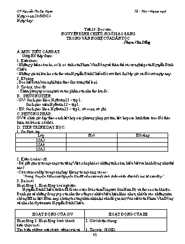 Giáo án Ngữ văn Lớp 12 - Tiết 10, Đọc văn: Nguyễn Đình Chiểu, ngôi sao sáng trong văn nghệ của dân tộc (Phạm Văn Đồng) - Nguyễn Thị Dạ Ngân