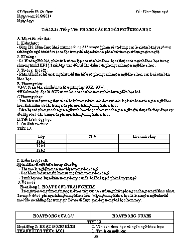 Giáo án Ngữ văn Lớp 12 - Tiết 13+14, Tiếng Việt: Phong cách ngôn ngữ khoa học - Nguyễn Thị Dạ Ngân