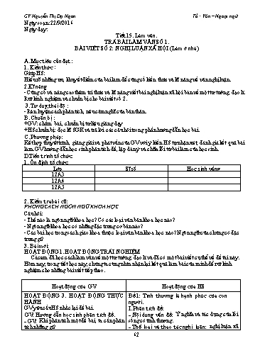Giáo án Ngữ văn Lớp 12 - Tiết 15, Làm văn: Trả bài làm văn số 1; Viết bài làm văn số 2: Nghị luận xã hội (Làm ở nhà) - Nguyễn Thị Dạ Ngân