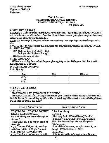 Giáo án Ngữ văn Lớp 12 - Tiết 16, Đọc văn: Thông điệp nhân Ngày Thế giới phòng chống AIDS, 1-12-2003 (Cô-phi An-nan) - Nguyễn Thị Dạ Ngân
