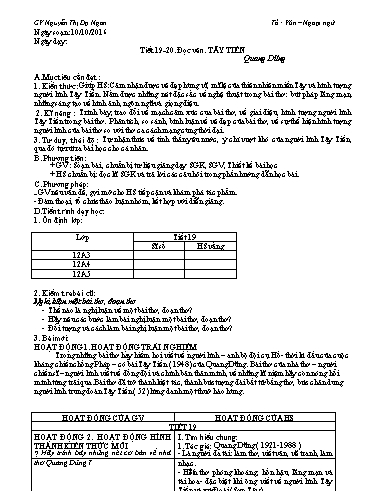 Giáo án Ngữ văn Lớp 12 - Tiết 19+20, Đọc văn: Tây Tiến (Quang Dũng) - Nguyễn Thị Dạ Ngân