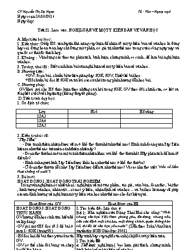 Giáo án Ngữ văn Lớp 12 - Tiết 21, Làm văn: Nghị luận về một ý kiến bàn về văn học - Nguyễn Thị Dạ Ngân