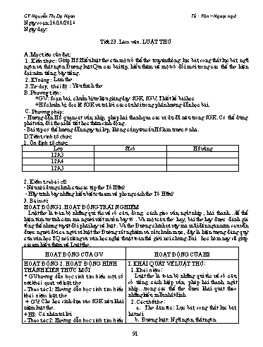 Giáo án Ngữ văn Lớp 12 - Tiết 23, Làm văn: Luật thơ - Nguyễn Thị Dạ Ngân