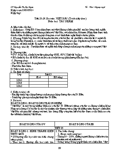 Giáo án Ngữ văn Lớp 12 - Tiết 25+26, Đọc văn: Việt Bắc (Trích - Phần 2. Tác phẩm) - Nguyễn Thị Dạ Ngân