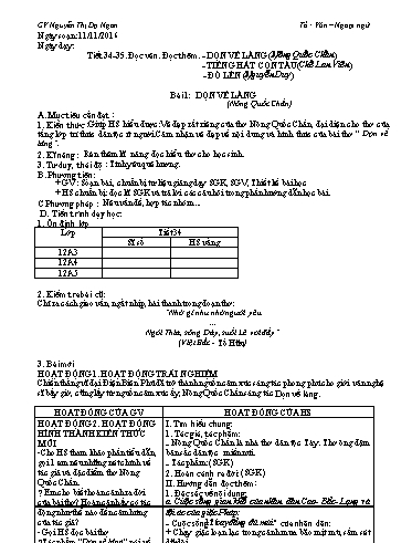 Giáo án Ngữ văn Lớp 12 - Tiết 34+35, Đọc văn: Đọc thêm: Dọn về làng; Tiếng hát con tàu; Đò Lèn - Nguyễn Thị Dạ Ngân