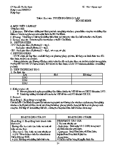 Giáo án Ngữ văn Lớp 12 - Tiết 4, Đọc văn: Tuyên ngôn Độc lập (Hồ Chí Minh) - Nguyễn Thị Dạ Ngân