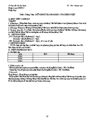 Giáo án Ngữ văn Lớp 12 - Tiết 5, Tiếng Việt: Giữ gìn sự trong sáng của tiếng Việt - Nguyễn Thị Dạ Ngân