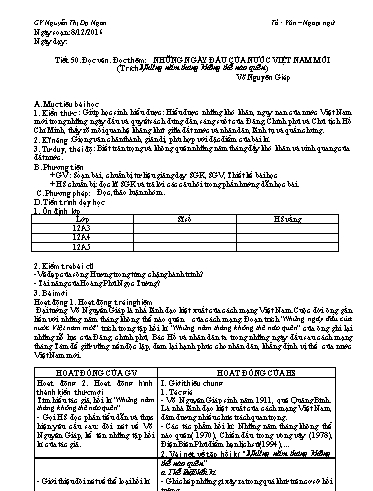 Giáo án Ngữ văn Lớp 12 - Tiết 50, Đọc văn: Đọc thêm: Những ngày đầu của nước Việt Nam mới (Trích Những năm tháng không thể nào quên) - Nguyễn Thị Dạ Ngân