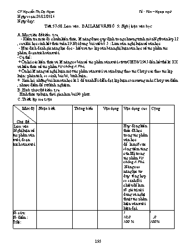 Giáo án Ngữ văn Lớp 12 - Tiết 57+58, Làm văn: Bài làm văn số 5: Nghị Luận văn học - Nguyễn Thị Dạ Ngân