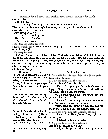 Giáo án Ngữ văn Lớp 12 - Tiết 63: Nghị luận về một tác phẩm, một đoạn trích văn xuôi