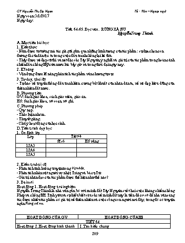 Giáo án Ngữ văn Lớp 12 - Tiết 64+65, Đọc văn: Rừng xà nu (Nguyễn Trung Thành) - Nguyễn Thị Dạ Ngân