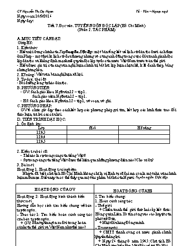 Giáo án Ngữ văn Lớp 12 - Tiết 7, Đọc văn: Tuyên ngôn Độc lập (Hồ Chí Minh) (Phần 2. Tác phẩm) - Nguyễn Thị Dạ Ngân