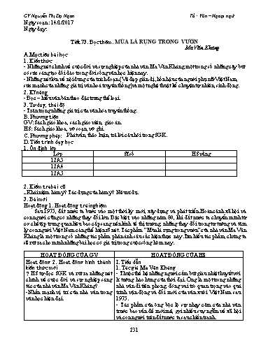Giáo án Ngữ văn Lớp 12 - Tiết 73, Đọc thêm: Mùa lá rụng trong vườn (Trích - Ma Văn Kháng) - Nguyễn Thị Dạ Ngân