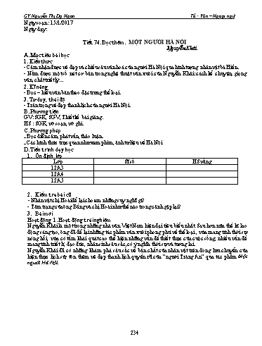 Giáo án Ngữ văn Lớp 12 - Tiết 74, Đọc thêm: Một người Hà Nội (Nguyễn Khải) - Nguyễn Thị Dạ Ngân