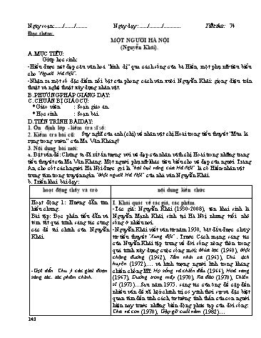 Giáo án Ngữ văn Lớp 12 - Tiết 74: Đọc thêm: Một người Hà Nội (Nguyễn Khải)