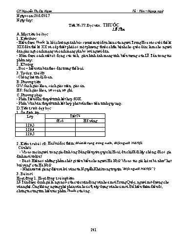 Giáo án Ngữ văn Lớp 12 - Tiết 76+77, Đọc văn: Thuốc (Lỗ Tấn) - Nguyễn Thị Dạ Ngân