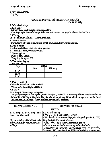 Giáo án Ngữ văn Lớp 12 - Tiết 79+80, Đọc văn: Số phận con người (M.A.Sô-lô-khốp) - Nguyễn Thị Dạ Ngân