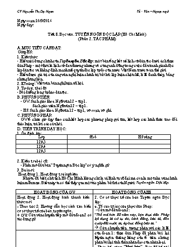 Giáo án Ngữ văn Lớp 12 - Tiết 8, Đọc văn: Tuyên ngôn Độc lập (Hồ Chí Minh) (Phần 2. Tác phẩm) - Nguyễn Thị Dạ Ngân