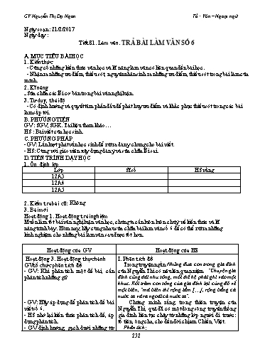 Giáo án Ngữ văn Lớp 12 - Tiết 81, Làm văn: Trả bài làm văn số 6 - Nguyễn Thị Dạ Ngân