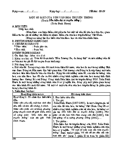 Giáo án Ngữ văn Lớp 12 - Tiết 88+89: Một số mặt của vốn văn hóa truyền thống (Trích Đến hiện đại từ truyên thống - Trần Đình Hượu)
