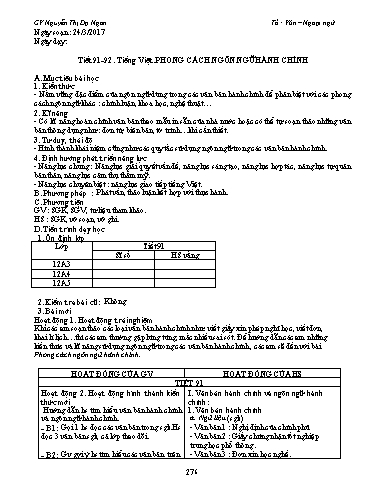 Giáo án Ngữ văn Lớp 12 - Tiết 91+92, Tiếng Việt: Phong cách ngôn ngữ hành chính - Nguyễn Thị Dạ Ngân